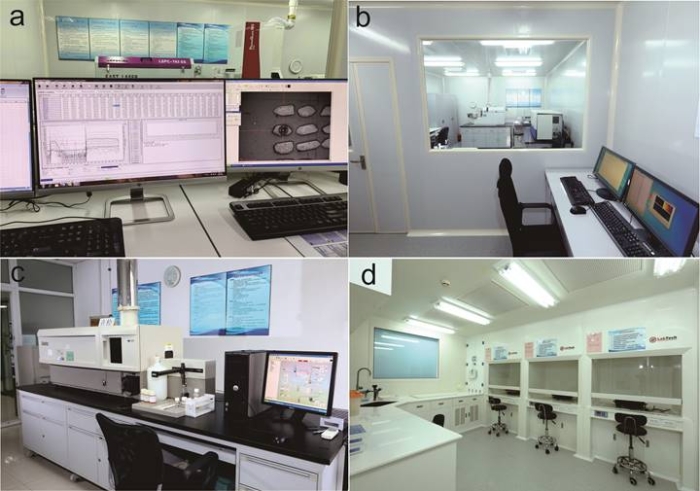 图1.实验室环境 a.激光等离子质谱实验室;b.等离子质谱实验室;c.等离子体光谱实验;d.超净化学实验室