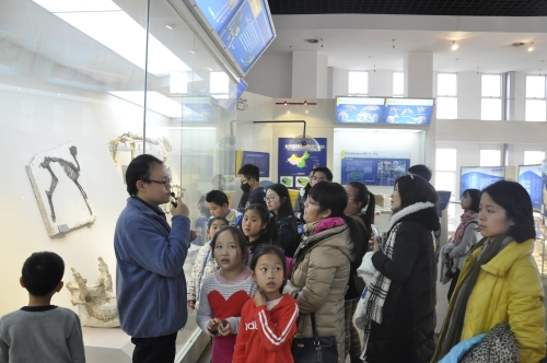 讲解员给营员们讲解恐龙化石